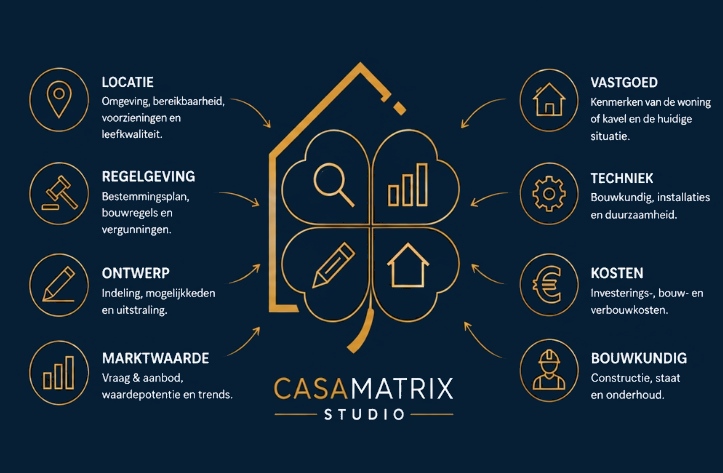 CasaMatrix Matrix met locatie, regelgeving, ontwerp, marktwaarde, vastgoed, techniek, kosten en bouwkundig
